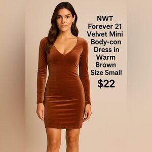 NWT- Forever 21 Velvet Mini Body-con Dress in Warm Brown - Size Small